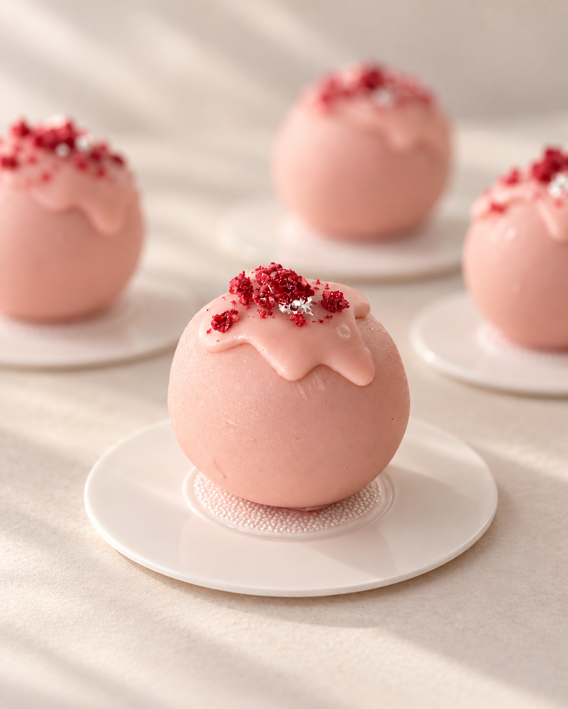 Chocolats fourrés roses présentés sur un fond ivoire