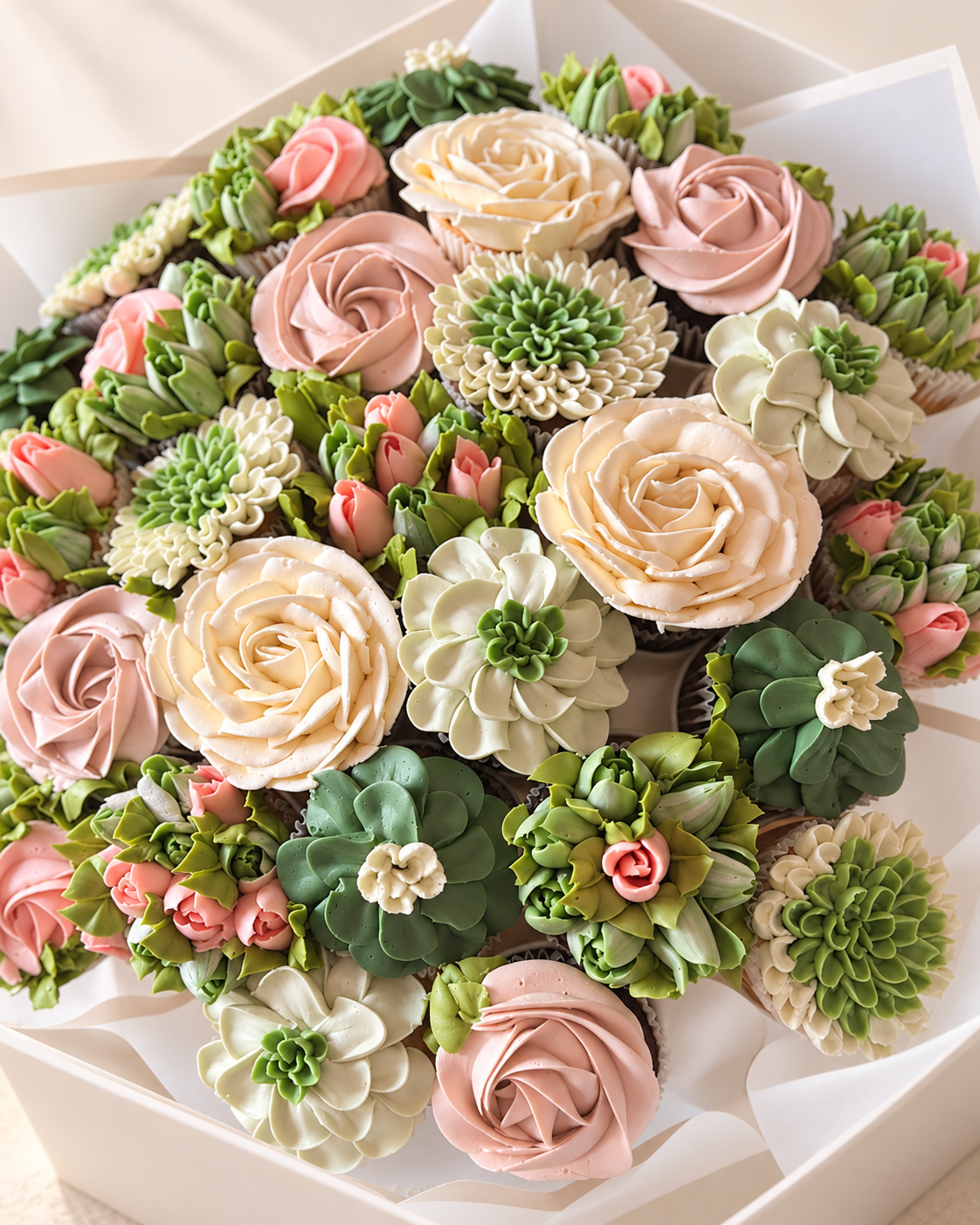 Cupcakes floraux roses, ivoire et verts