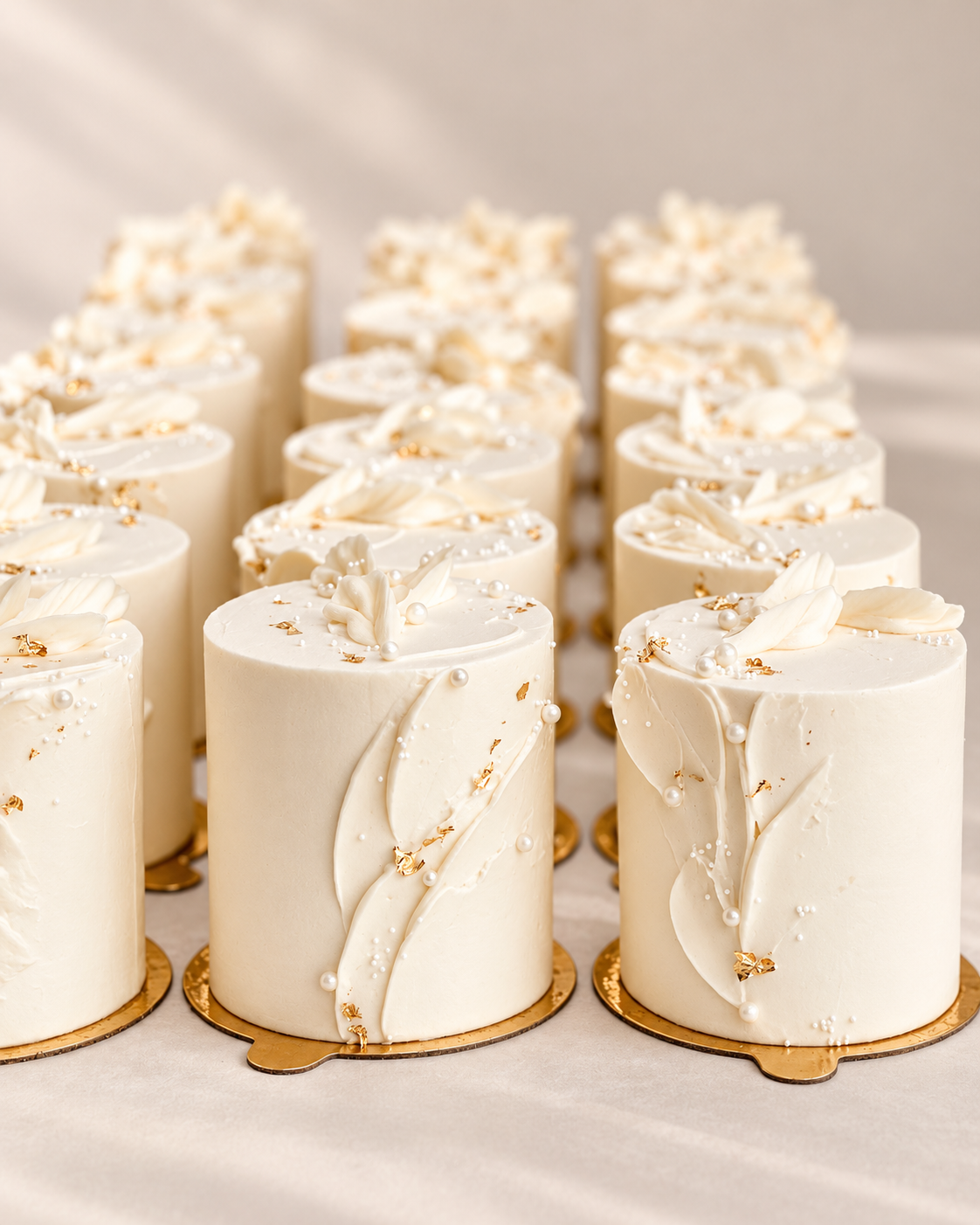 Mini cakes blancs, perles et touches dorées