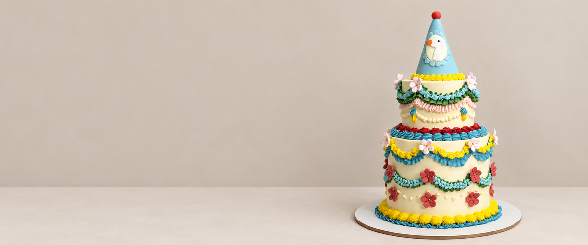 Gâteau d’anniversaire fleuri avec chapeau bleu, sur fond beige naturel