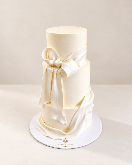 Gâteau Nœud Drapé — base blanche et logo Cakes’n More