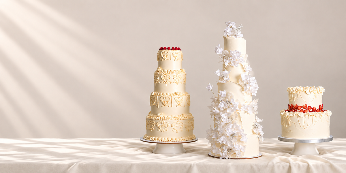 Trois wedding cakes Cakes’n More sur un fond ivoire