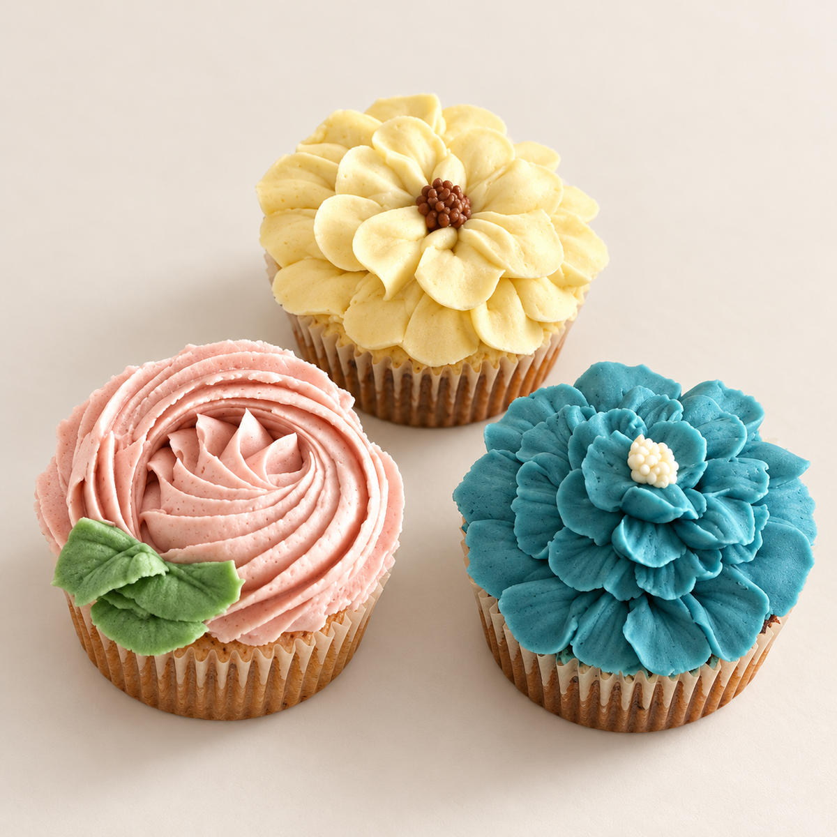 Signature Cupcakes sur fond ivoire, composition de trois cupcakes