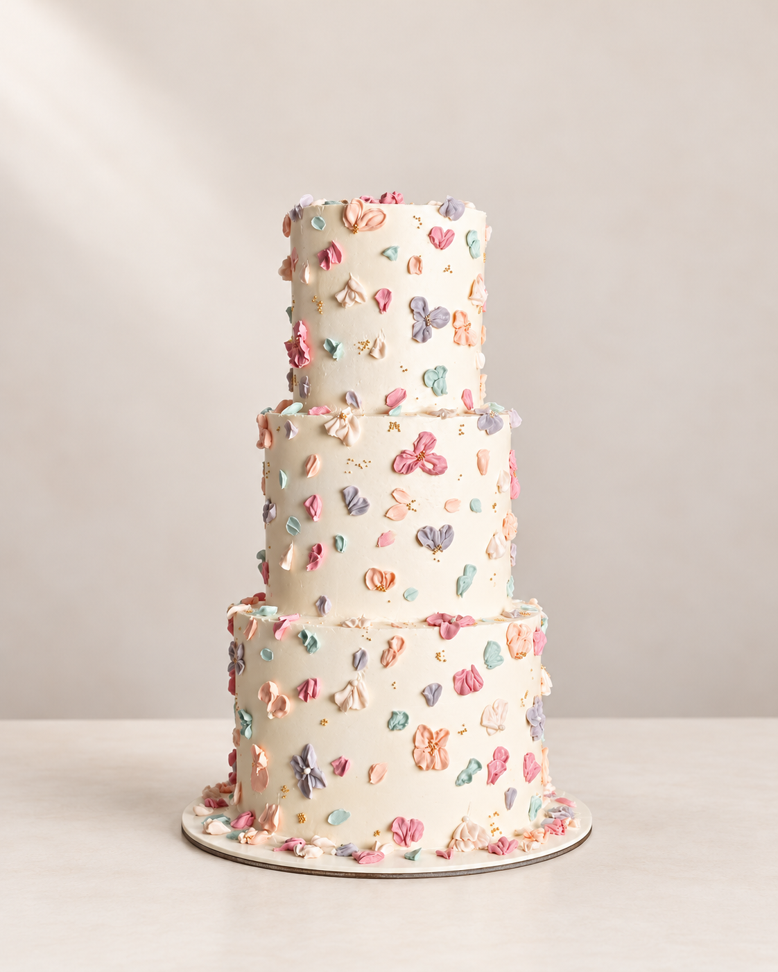 Gâteau de mariage blanc à trois étages et petites fleurs pastel