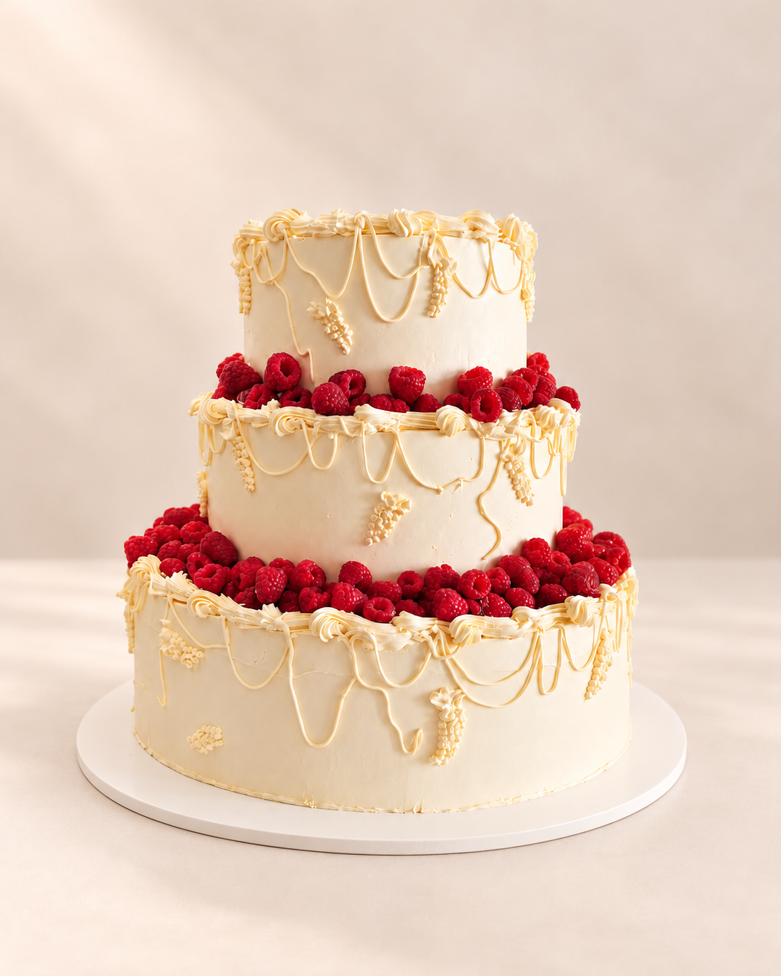 Wedding cake à trois étages aux framboises sur un socle rond ivoire